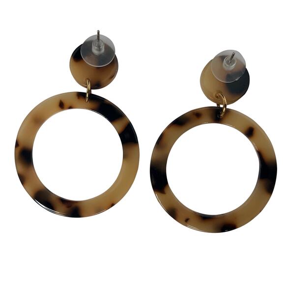 Tan and Brown Tortoise Shell Round Hoop Drop Earrings - Picture 4 of 4